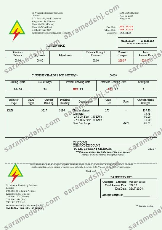 Saint Vincent and the Grenadines St. Vincent Electricity Services Limited busienss utility bill Word and PDF template